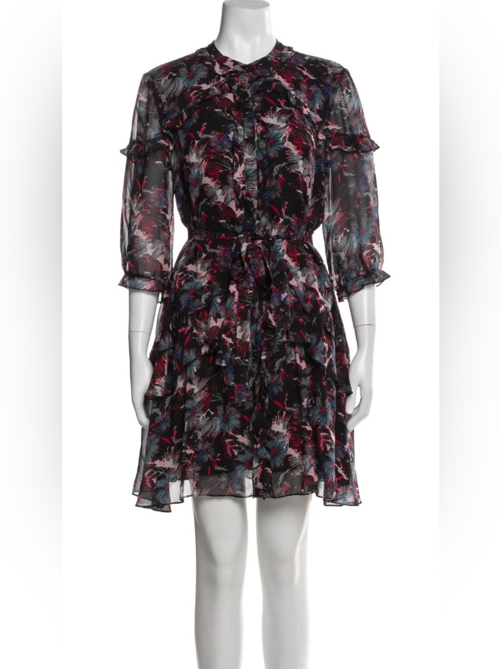 Saloni Tilly Ruffle Silk Floral Button Down Dress